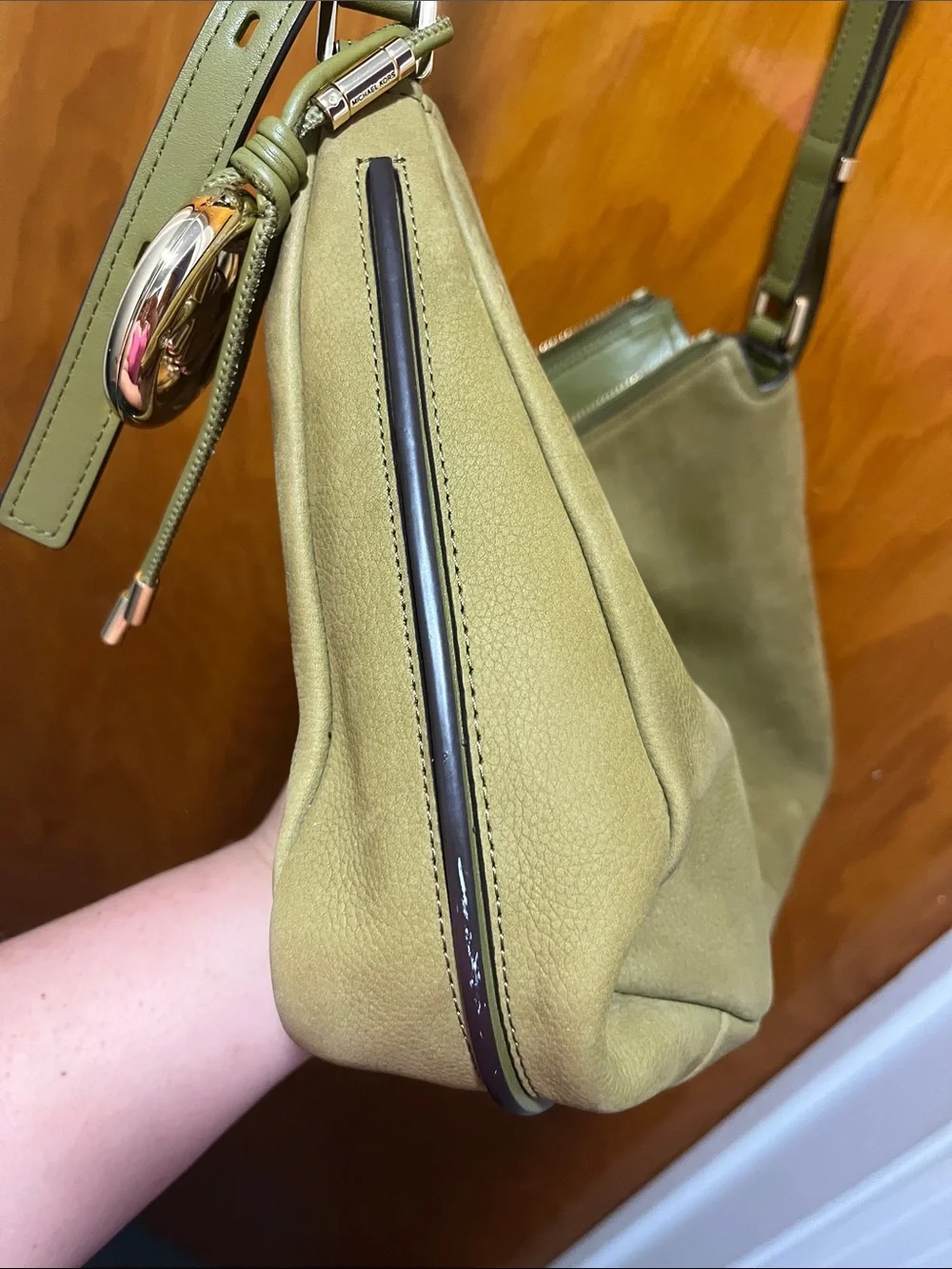 Michael Kors Olive Green Leather Hobo with Gold MK Charm